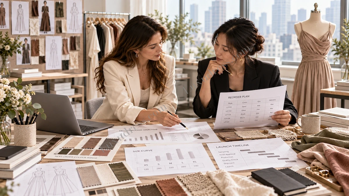 Private Label Sell-Through Analysis and Reorder Planning Womenswear brand team reviewing sell-through analysis, size curve and reorder plan with fabric swatches for private label production planning