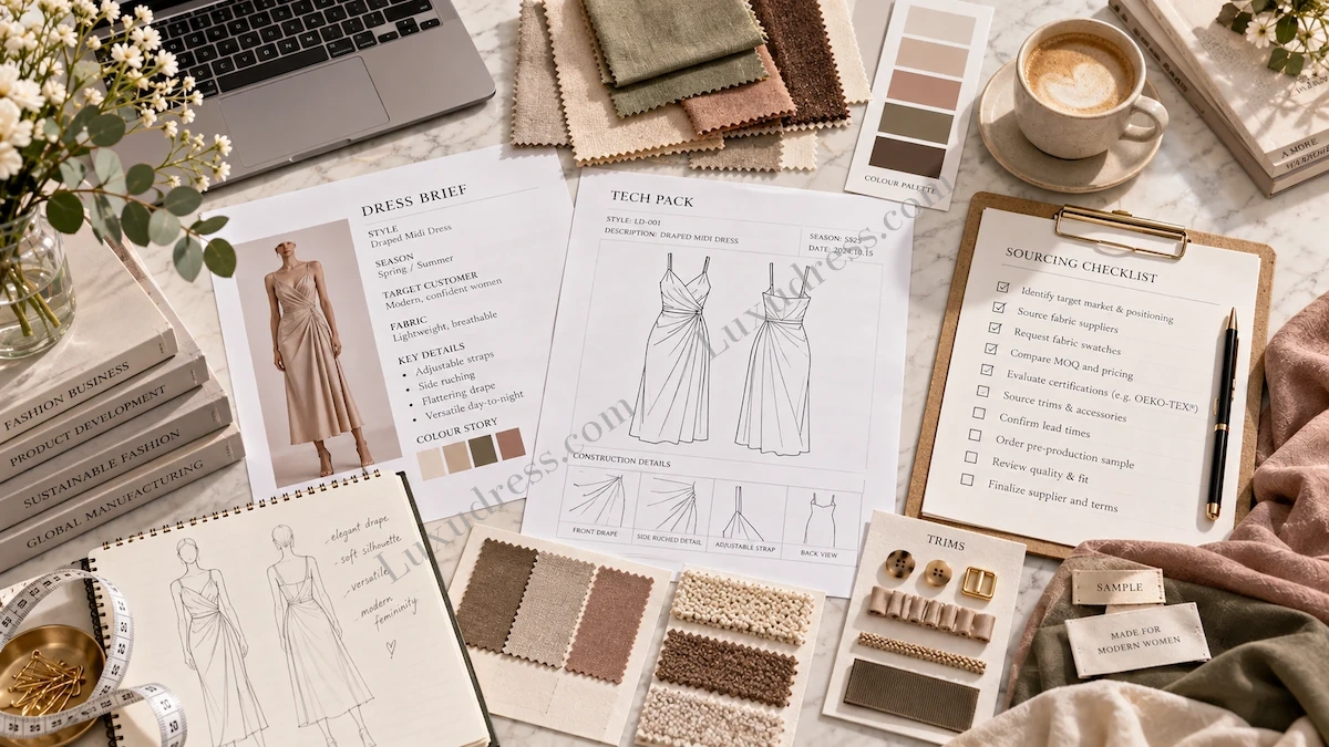Private Label Womenswear Tech Pack and Fabric Planning Tech pack, design sketch and fabric planning workspace for a private label womenswear brand