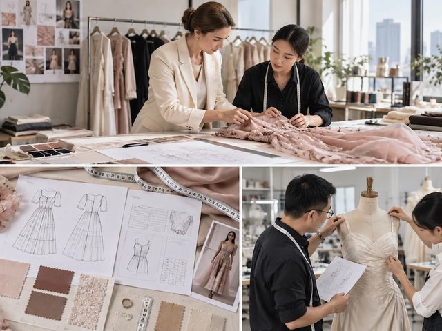 Fashion development team reviewing a reference garment alongside technical drawings, fabric swatches and construction details