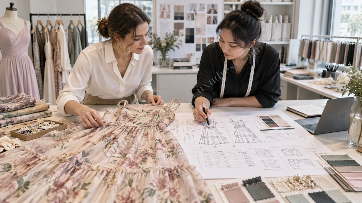 Reference Garment and Tech Pack Construction Review Fashion designers reviewing a floral reference garment with technical sketches, measurements, fabric swatches and trims