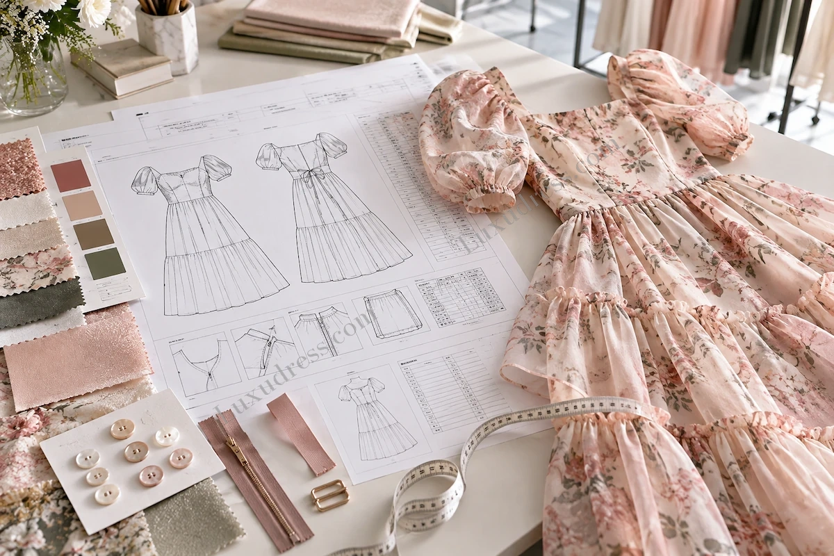 Tech Pack and Reference Garment Flat Lay Comparison Technical garment drawings, fabric swatches and trims arranged beside a floral reference dress for production comparison