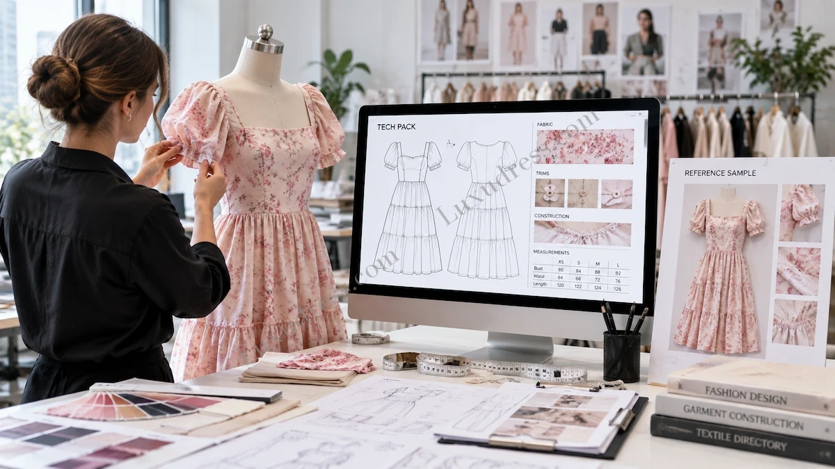 Tech Pack and Reference Sample Dress Form Review Fashion designer checking a reference dress on a mannequin beside a digital tech pack with fabric, trim and measurement specifications