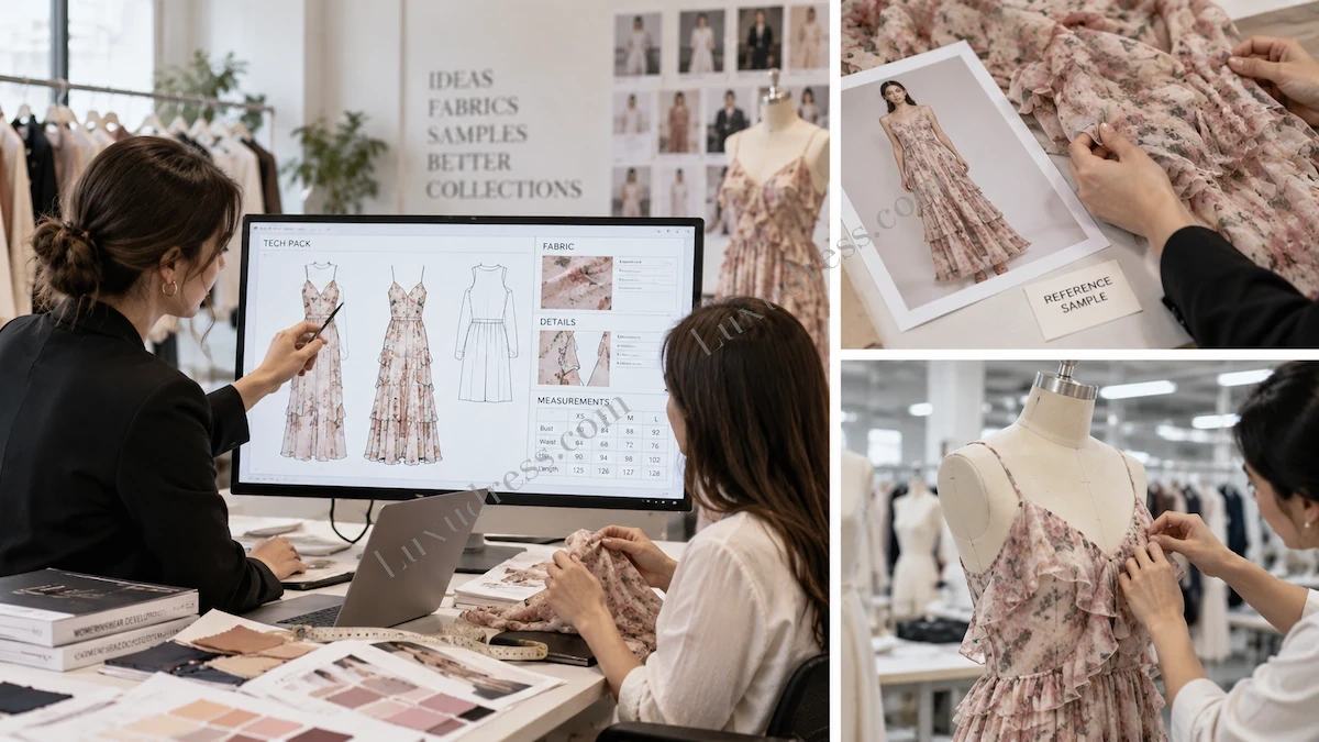 Tech Pack and Reference Sample Garment Development Process Fashion designers comparing a garment tech pack with a floral reference sample during womenswear development