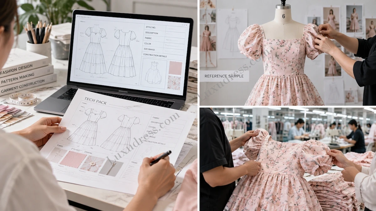 Tech Pack Reference Sample and Production Workflow Clothing development workflow showing a tech pack, physical reference sample and garment inspection during production