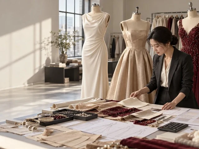 Three women's dress styles costed side by side with their line-item price breakdown