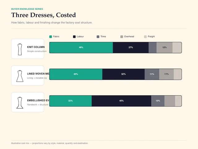 Bar chart costing three dresses across fabric, trims, labour and packaging
