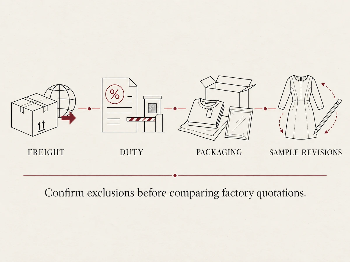Items a garment quote does not include: freight, duty, packaging and post-approval changes Items a garment quote does not include: freight, duty, packaging and post-approval changes