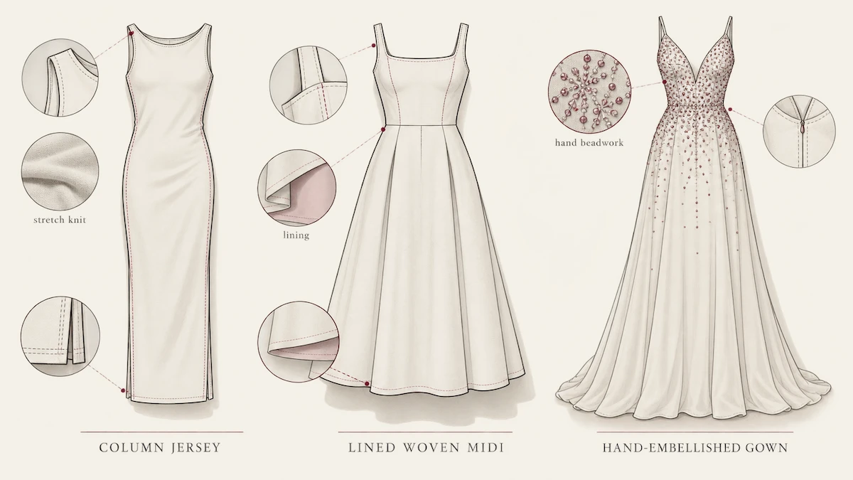 Three dress types flat lay: jersey column, lined woven midi and hand-embellished occasion Three dress types flat lay: jersey column, lined woven midi and hand-embellished occasion