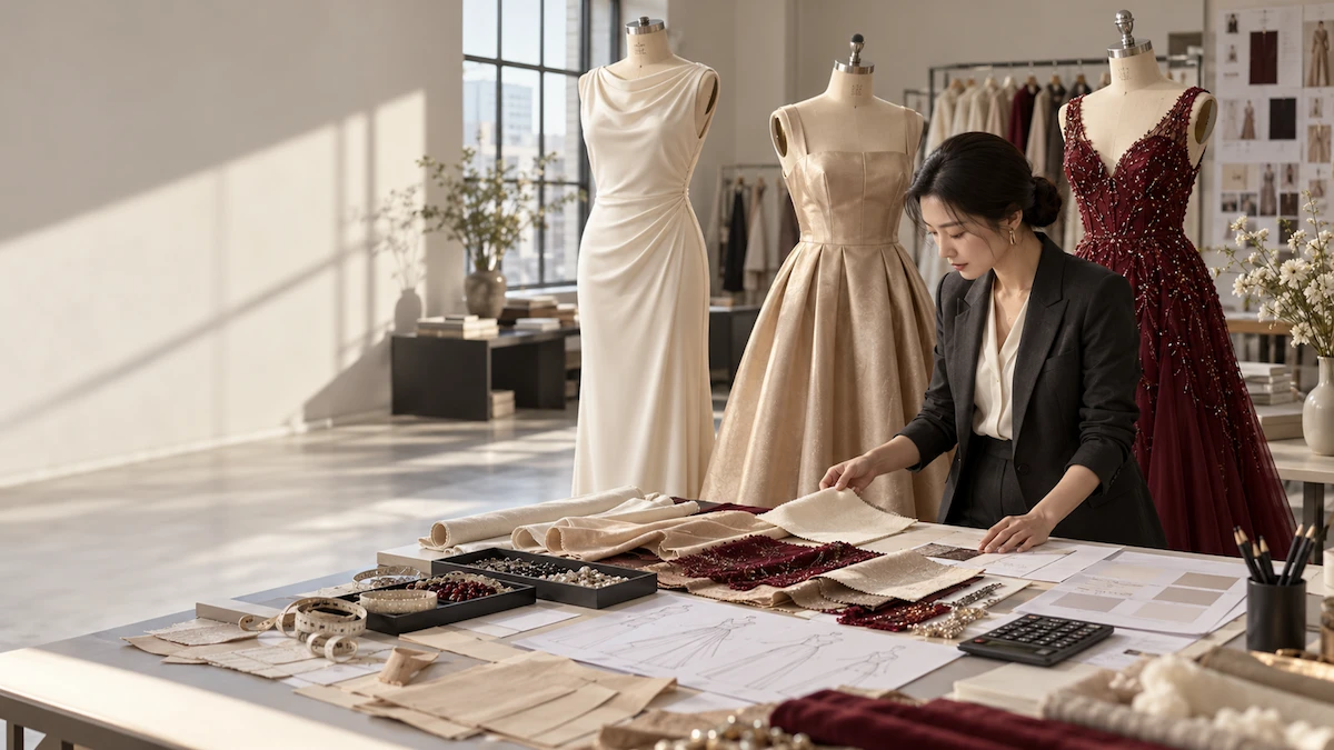 Three women's dress styles costed side by side with their line-item price breakdown
