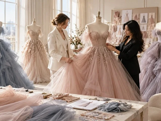 Two people reviewing pastel tulle gowns on a rail