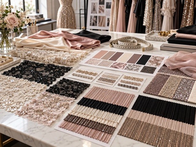 Lace, sequin and bead swatches laid out for selection