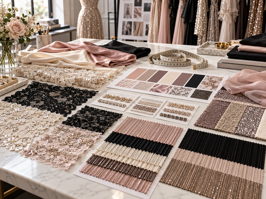Sequin, lace and bead embellishment swatches for eveningwear