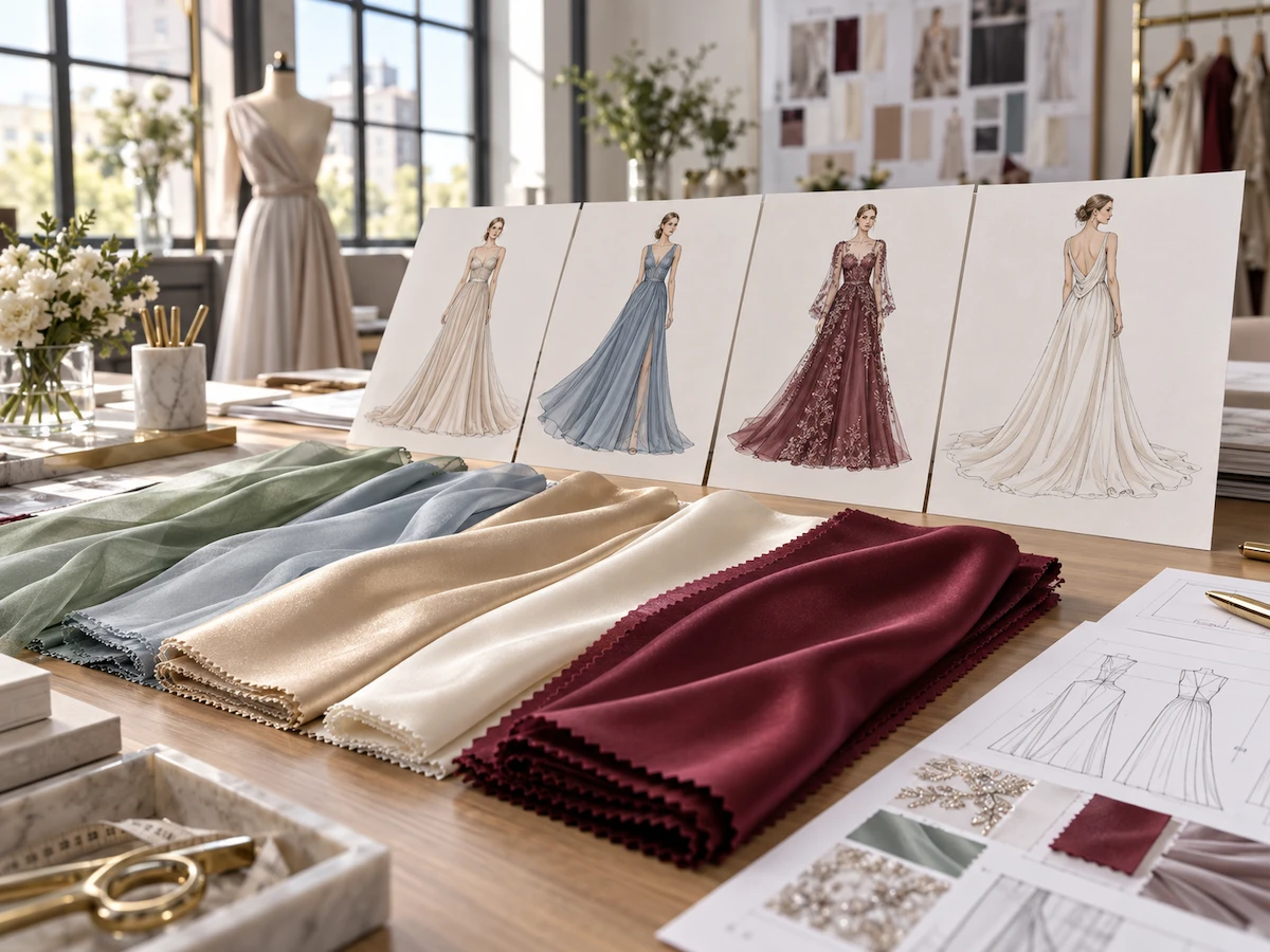 Satin, Crepe and Chiffon Comparison Evening gown sketches beside satin, crepe and chiffon swatches being compared