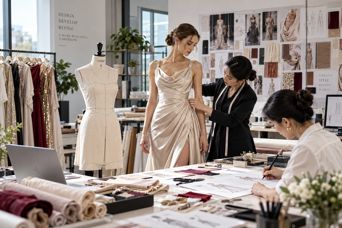 A gown being fitted on a stand in the atelier