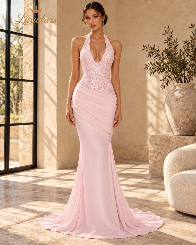 Front view of a blush pink beaded mermaid prom dress with a deep halter neckline, draped hips and a flowing train.