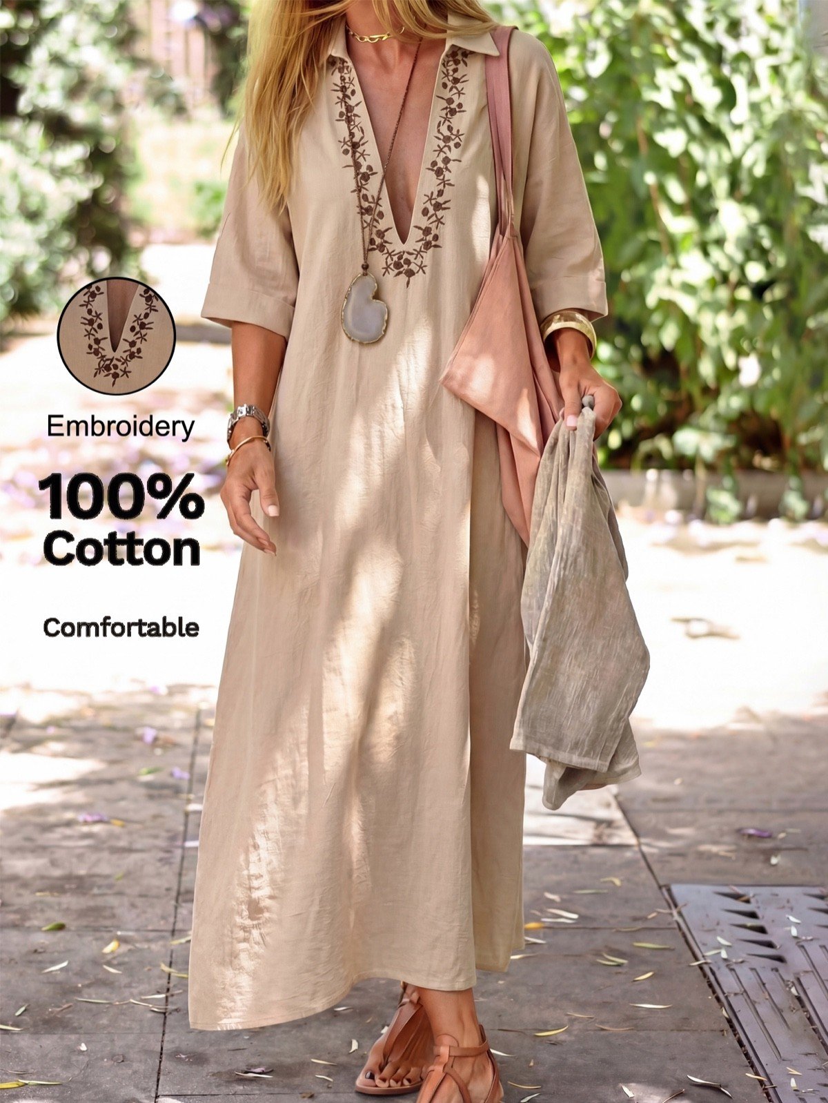 Primary front view of a beige cotton kaftan maxi dress with V-neck embroidery.