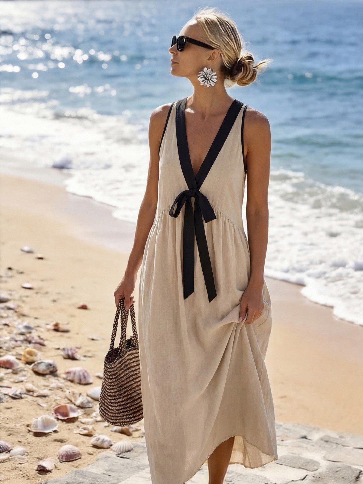 Cotton Tie-Front Maxi Dress – Beach Front View Beach front view of a beige cotton maxi dress with black trim and a front bow tie.