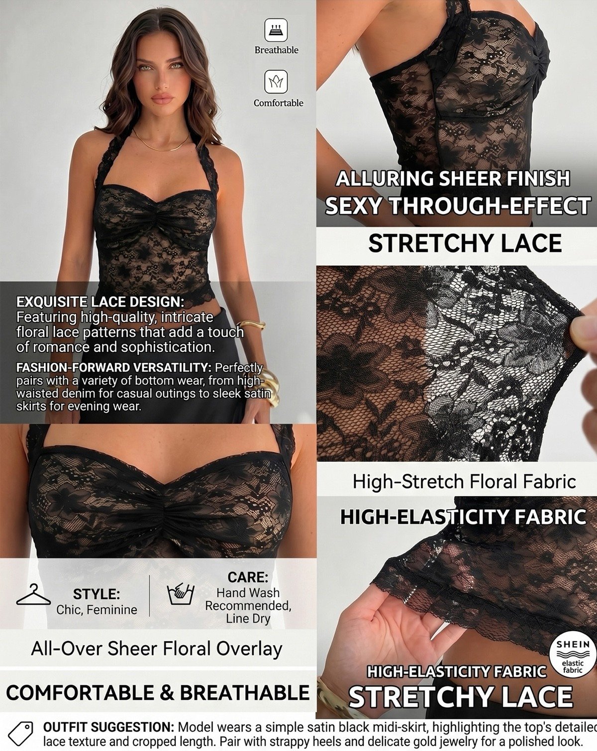 Fabric and construction details of a black floral lace halter corset crop top with cross-back straps.