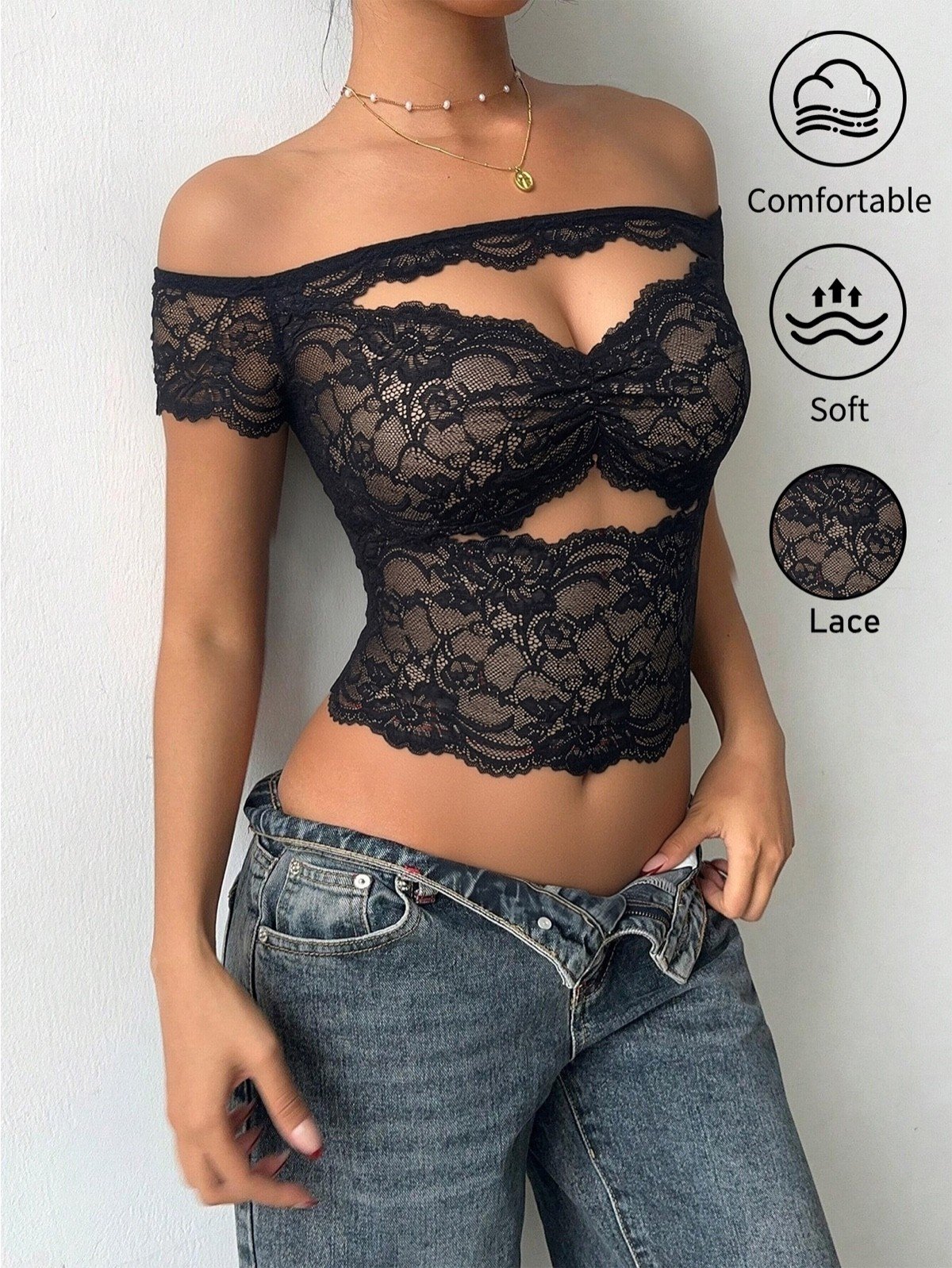 Floral Lace Off-Shoulder Cutout Top – Front Fit and Fabric Detail Front fit and fabric detail of a black floral lace off-shoulder crop top with a front cutout.