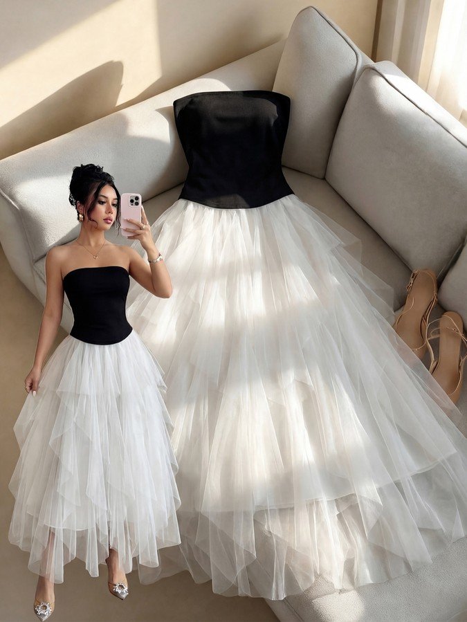 Model and flat-lay view of a black-and-white strapless corset dress with a layered tulle skirt.