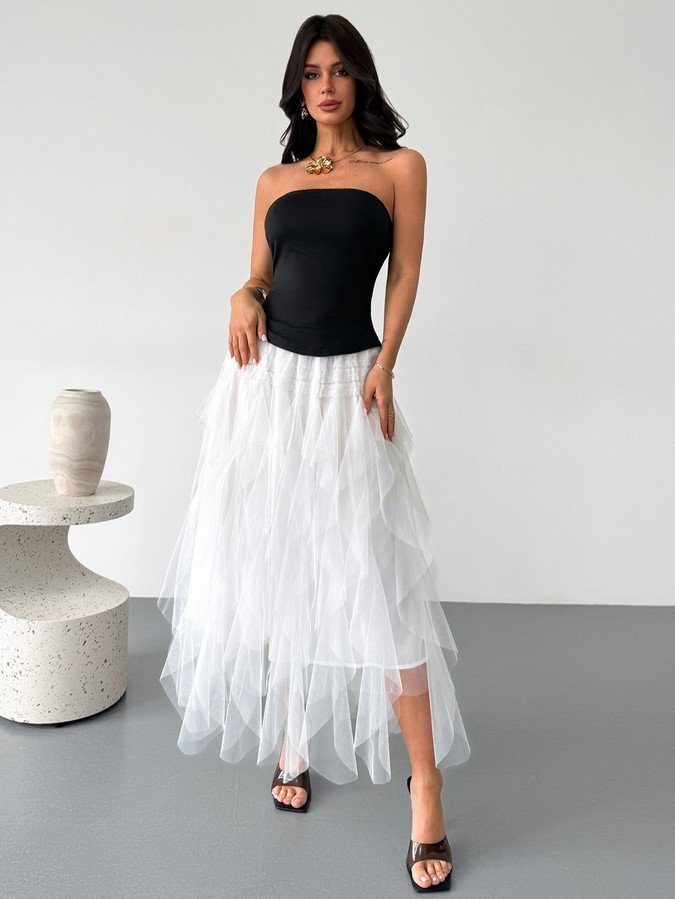 Primary front view of a black-and-white strapless corset dress with a layered tulle skirt.
