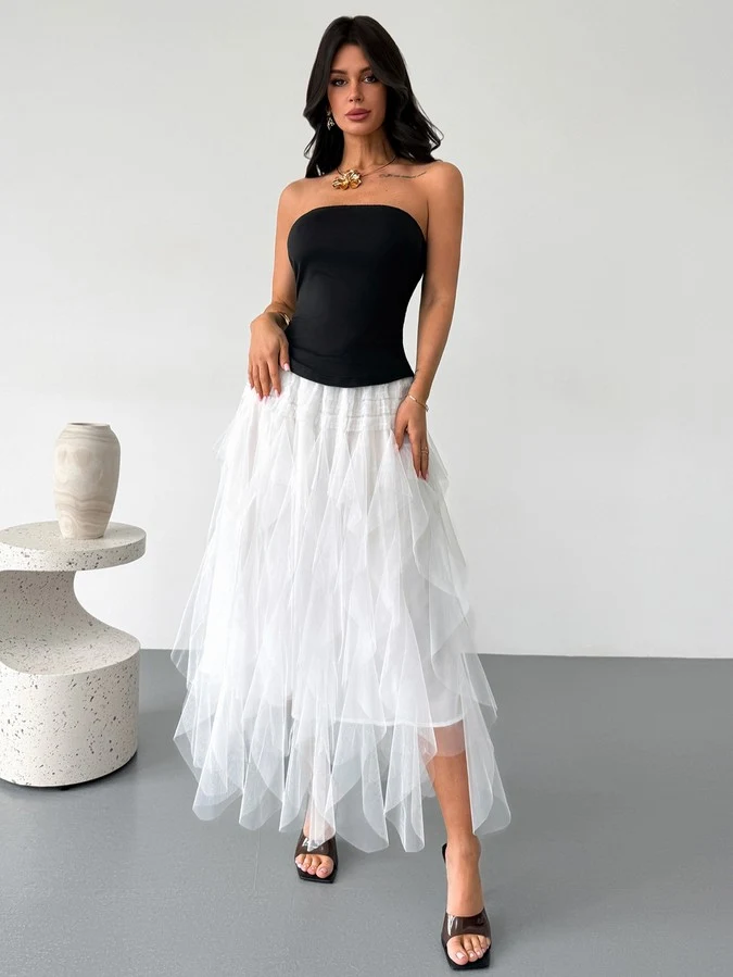 Primary front view of a black-and-white strapless corset dress with a layered tulle skirt.