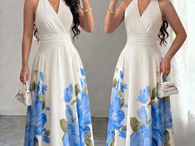 Two models wearing the same halter midi dress styled differently