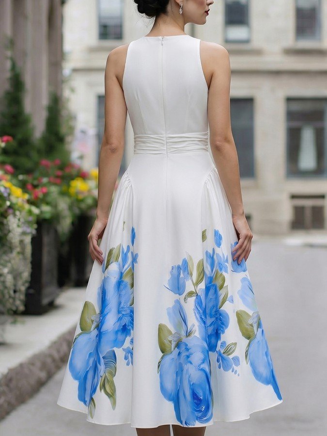 Back view of a white halter A-line midi dress with a blue floral border print.