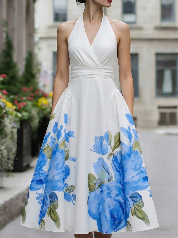 Full-length front view of a white halter A-line midi dress with a blue floral border print.