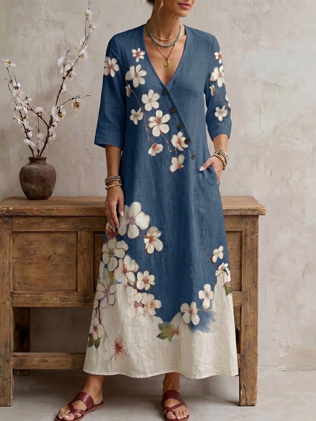 Cottage lifestyle view of a blue floral print V-neck maxi dress with three-quarter sleeves.