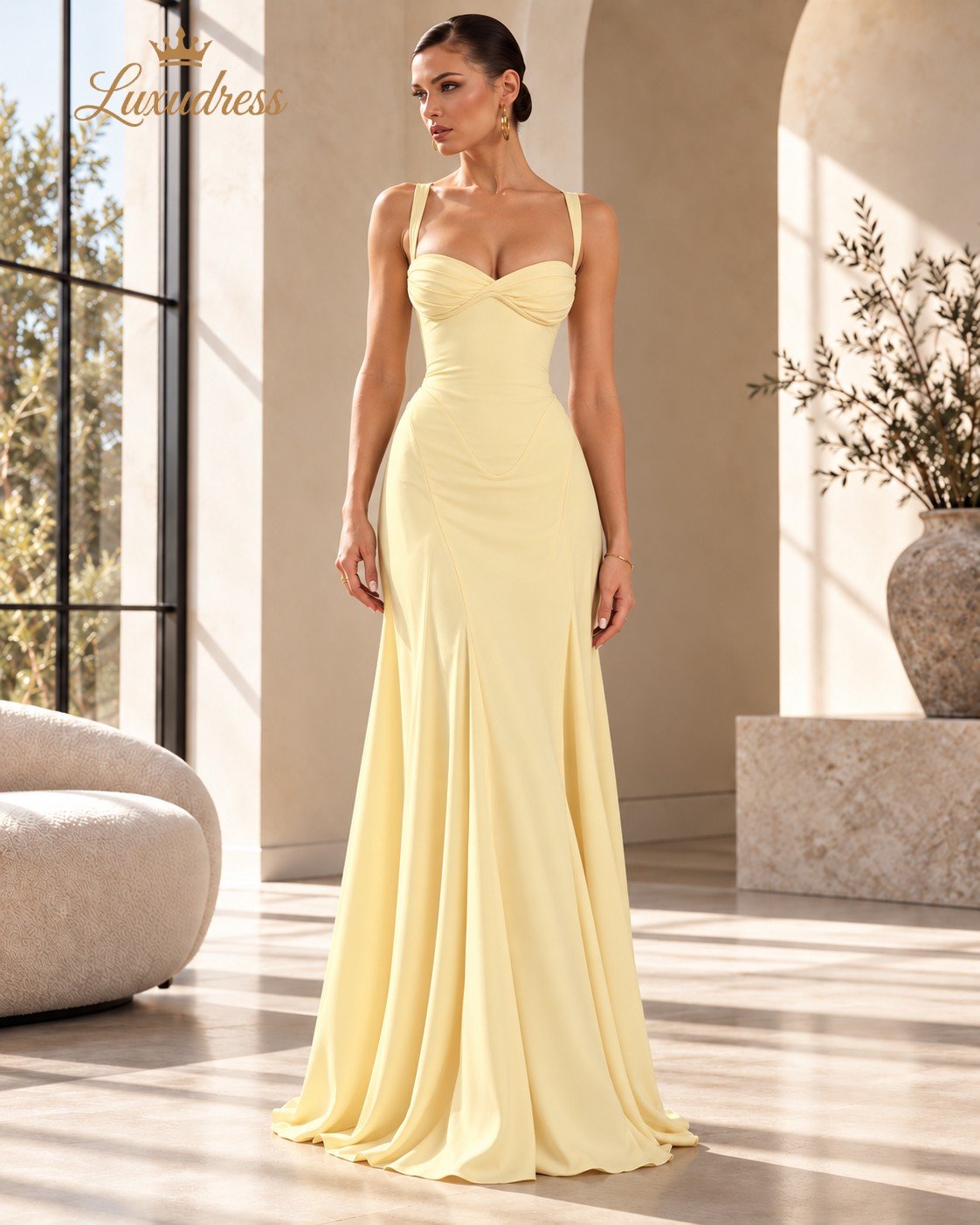 Butter Yellow Sweetheart Prom Dress - Front View Front view of a butter yellow sweetheart prom dress with a twisted bust, shoulder straps and a flowing floor-length skirt.