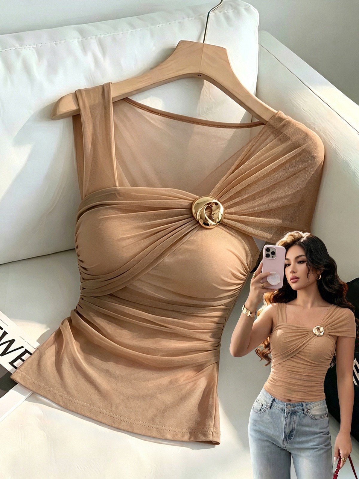 Model and product view of a camel mesh one-shoulder ruched top with polished ring detail.
