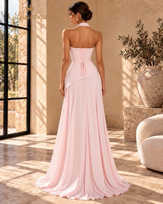 Back view of a blush pink evening gown showing a lace-up corset back, asymmetric waist overlay and floor-length skirt.