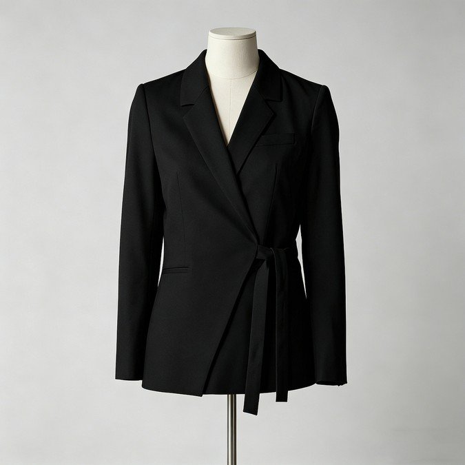 Black womens wrap blazer with structured shoulders notched lapel and waist tie