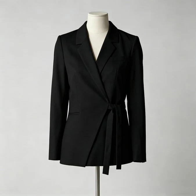 Black womens wrap blazer with structured shoulders notched lapel and waist tie