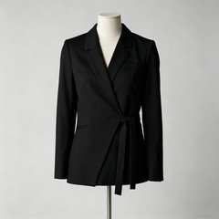 Black womens wrap blazer with structured shoulders notched lapel and waist tie