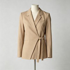 Khaki womens wrap blazer with notched lapel clean tailoring and self tie waist