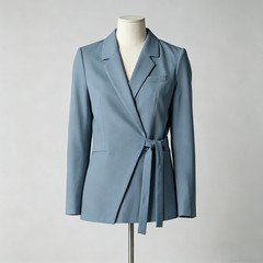 Sky blue womens wrap blazer with structured tailoring and adjustable waist tie