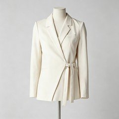 White womens wrap blazer with notched lapel tailored waist and self tie belt
