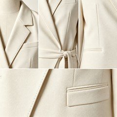 Womens wrap blazer tailoring details including lapel stitching waist tie and welt pocket