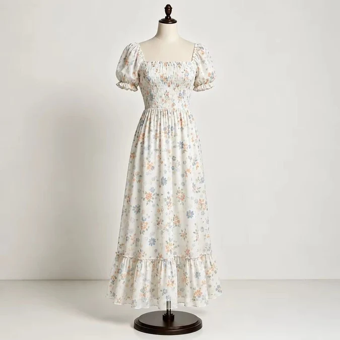 The same floral chiffon smocked maxi dress photographed in white on a dress form