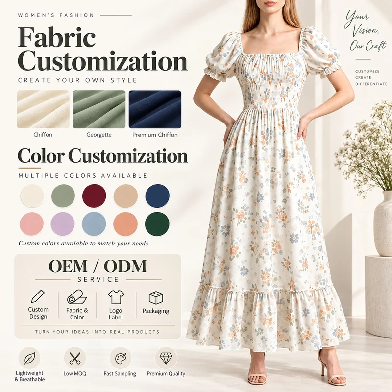 Custom Floral Chiffon Maxi Dress Options Custom floral chiffon maxi dress with fabric and colour options for OEM and ODM production