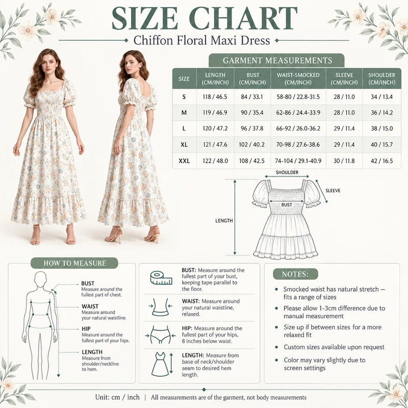 Floral chiffon maxi dress size chart with garment measurements and measuring guide