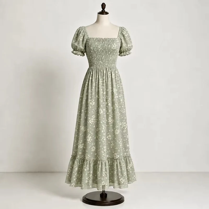 Mint Floral Chiffon Smocked Maxi Dress Mint floral chiffon smocked maxi dress with puff sleeves and flowing tiered skirt