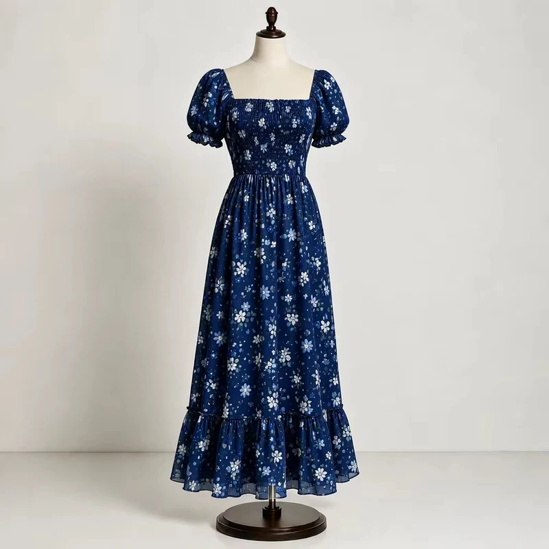 Navy Floral Chiffon Smocked Maxi Dress Navy floral chiffon smocked maxi dress with square neckline, puff sleeves and tiered hem