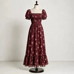 Burgundy floral chiffon smocked maxi dress with square neckline and short puff sleeves