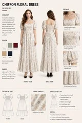 Floral chiffon maxi dress front and back views with technical flats and construction details