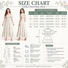 Floral chiffon maxi dress size chart with garment measurements and measuring guide