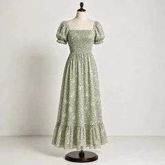 Mint floral chiffon smocked maxi dress with puff sleeves and flowing tiered skirt