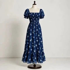 Navy floral chiffon smocked maxi dress with square neckline, puff sleeves and tiered hem